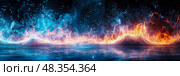 Cosmic Collision: Fiery Inferno Meets Celestial River of Sparkling Stardust, an Epic Battle of Elements. Стоковое AI-изображение, AI-художник Данила Большаков / Фотобанк Лори