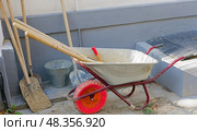 Садовая металлическая тележка-тачка. Garden metal wheelbarrow cart. Стоковое фото, фотограф Татьяна Д / Фотобанк Лори