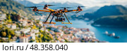 Aerial Surveillance: Unmanned Multirotor Craft Capturing Breathtaking Scenery of Serene Lake and Mountainous Landscape. Стоковое AI-изображение, AI-художник Данила Большаков / Фотобанк Лори