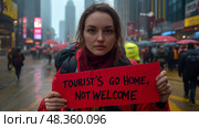 A young individual in a red jacket stands in Times Square, holding a sign expressing discontent with tourism while rain pours down around them. Стоковое AI-изображение, AI-художник Данила Большаков / Фотобанк Лори