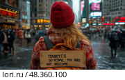 A person wearing a red beanie and plaid jacket stands in a bustling New York City location, holding a sign urging tourists to leave. Стоковое AI-изображение, AI-художник Данила Большаков / Фотобанк Лори