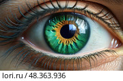 Hyperrealistic macro of green eye showing detailed iris pattern and reflection on moist eye surface. Стоковое AI-изображение, AI-художник Ольга Сухарева / Фотобанк Лори