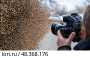 A photographer is focused on capturing a vibrant swarm of bees buzzing near a road, highlighting the intricate movement and life of these pollinators. Стоковое AI-изображение, AI-художник Данила Большаков / Фотобанк Лори