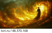 A mysterious figure walks into a vibrant firestorm, creating an intense contrast against the darkened, cloudy sky at dusk. Стоковое AI-изображение, AI-художник Данила Большаков / Фотобанк Лори