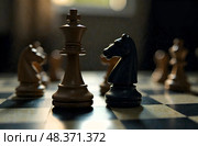 Шахматы на шахматной доске. игра, расставлены фигуры. Стоковое AI-изображение, AI-художник Котова / Фотобанк Лори