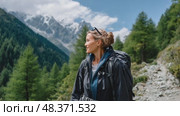 Female hiker admiring mountain view in the alps. Стоковое AI-видео, аниматор Юрий Поздников / Фотобанк Лори