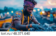 Concentrated Labor: Portrait of a person sorting materials, embodying dedication and hard work within a vibrant, industrious setting. Стоковое AI-изображение, AI-художник Данила Большаков / Фотобанк Лори