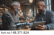 Two smiling men shaking hands, one with prosthetic arm and other holding tablet. Стоковое AI-видео, аниматор Юрий Поздников / Фотобанк Лори