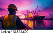 Dockworker's Gaze: Shipping Industry at Dusk, Majestic Cargo Freighter Under Colorful Skies, Maritime Transport and Industrial Vigor. Стоковое AI-изображение, AI-художник Данила Большаков / Фотобанк Лори