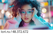 Studious girl: Portrait of an earnest young student lost in thought, gazing intensely through spectacles in vibrant light. Стоковое AI-изображение, AI-художник Данила Большаков / Фотобанк Лори