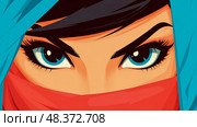 A girl veiled in mystery: Abstract digital portrait of a captivating face with piercing blue eyes, showcasing intrigue and vibrant hues. Стоковое AI-изображение, AI-художник Данила Большаков / Фотобанк Лори