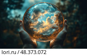 Fantasy landscape inside a glass sphere held in human hands, reflection of sky and trees. Фантастический пейзаж внутри стеклянной сферы, которую человек держит в руках, отражение неба и деревьев. Стоковое AI-изображение, AI-художник Katsiaryna Repich / Фотобанк Лори