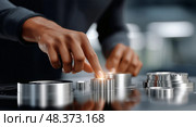 Precision Control in Industrial Machinery With a Hand Adjusting a Selector Knob. Стоковое AI-изображение, AI-художник Юлия Гапеенко / Фотобанк Лори