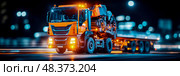 Night transport: Hauling equipment on a flatbed, navigating highways under the cloak of darkness. Industrial transport in motion. Стоковое AI-изображение, AI-художник Данила Большаков / Фотобанк Лори