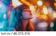 Euphoric dreamscape: A woman finds peace exhaling smoke amidst glowing orbs, design for introspection or tranquility. Стоковое AI-изображение, AI-художник Данила Большаков / Фотобанк Лори