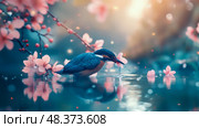 A Kingfisher's Spring: A vibrant, whimsical scene of a kingfisher interacting with blossom in shallow water, promoting nature's delicate balance. Стоковое AI-изображение, AI-художник Данила Большаков / Фотобанк Лори