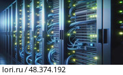 View of Network Servers With Blue Cables Connecting Systems in a Modern Data Center. Стоковое AI-видео, аниматор Сергей Куров / Фотобанк Лори