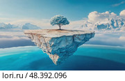 A stunning view showcases a floating island featuring a solitary tree, surrounded by towering mountains and soft clouds. The scene captures a dreamlike atmosphere with vibrant colors. Стоковое AI-видео, аниматор Данила Большаков / Фотобанк Лори