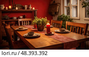 mismatched red table top ai generated. Стоковое AI-изображение, AI-художник Vectorwin / Фотобанк Лори