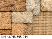 Natural materials texture background with wood grain, rough stone surface, cork pattern and woven jute fiber in square layout. Стоковое фото, фотограф Павел Муравьев / Фотобанк Лори
