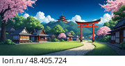 Serene Japanese village scene featuring blooming sakura. Стоковое AI-изображение, AI-художник Андрей Ка / Фотобанк Лори