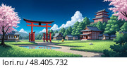 Peaceful Japanese heritage site featuring iconic red torii gate. Стоковое AI-изображение, AI-художник Андрей Ка / Фотобанк Лори