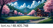 Historic Japanese castle , shiro stands amid blooming sakura , hanami, wooden temple , red torii gate  , winding stone path, serene pond, lush grass, mountains, springtime exploration. Стоковое AI-изображение, AI-художник Андрей Ка / Фотобанк Лори