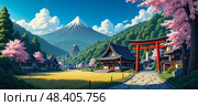 Peaceful rural scene featuring historic Japanese architecture, vibrant sakura , hanami, iconic mountain, sacred torii gate  , temple  inviting exploration of cultural heritage and natural beauty. Стоковое AI-изображение, AI-художник Андрей Ка / Фотобанк Лори