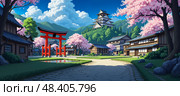 Peaceful Japanese village scene featuring blooming sakura , hanami, iconic torii gate  , classic wooden architecture, majestic hilltop castle , shiro, all nestled in a scenic mountain landscape. Стоковое AI-изображение, AI-художник Андрей Ка / Фотобанк Лори