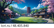 Historic Japanese settlement featuring sakura , hanami, tranquil water, wooden architecture, iconic Pagoda , torii  entrance, green gardens, mountain backdrop reflecting ancient customs. Стоковое AI-изображение, AI-художник Андрей Ка / Фотобанк Лори