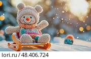 Plush snowman enjoys a sled ride in the snow, spreading winter joy and festive cheer. Стоковое AI-видео, аниматор Данила Большаков / Фотобанк Лори