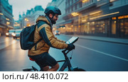 Urban cyclist/delivery rider navigates city streets with tech (smartphone/tablet), wearing helmet & backpack, amidst traffic. Стоковое AI-видео, аниматор Данила Большаков / Фотобанк Лори