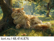 A fluffy orange tabby cat basks in the sunlight beneath a large tree in a lush meadow. Стоковое AI-изображение, AI-художник Данила Большаков / Фотобанк Лори