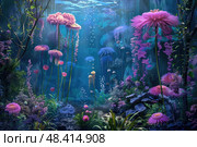 A vibrant underwater forest with large bioluminescent flowers and other plant life. Стоковое AI-изображение, AI-художник Данила Большаков / Фотобанк Лори