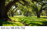 green meadow with trees ai generated. Стоковое AI-изображение, AI-художник Vectorwin / Фотобанк Лори