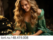 Whimsical photograph capturing a woman in elegant green gown seated gracefully on ground, captivated by natural beauty surrounding her. Стоковое AI-изображение, AI-художник Данила Большаков / Фотобанк Лори