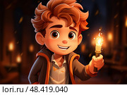 Young boy stands illuminated by the mesmerizing glow of a lit candle in his hand, symbolizing his transcendent bond with the ethereal flame. Стоковое AI-изображение, AI-художник Данила Большаков / Фотобанк Лори