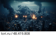 A panoramic view of a bustling city engulfed in thick smoke and intense flames, evoking a surreal and dramatic scene. Стоковое AI-изображение, AI-художник Данила Большаков / Фотобанк Лори