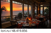 Experience a tranquil dining affair, relishing exquisite cuisine, while beholding the captivating vista of the boundless ocean, within an exquisitely crafted dining room. Стоковое AI-изображение, AI-художник Данила Большаков / Фотобанк Лори