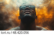 A man with sunglasses emerges from water, bubbles rising around him in a tranquil setting illuminated by warm light. Стоковое AI-изображение, AI-художник Данила Большаков / Фотобанк Лори