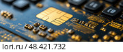 The close-up displays a gold chip embedded in a black circuit board, highlighting complex circuitry and fine details in electronic technology. Стоковое AI-изображение, AI-художник Данила Большаков / Фотобанк Лори