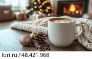 Warm your winter mornings with a steaming cup of coffee beside a glowing fireplace, decorated for the festive season. Стоковое AI-изображение, AI-художник Данила Большаков / Фотобанк Лори