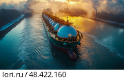 A large tanker carries liquid cargo through a river at sunrise, with industrial buildings and other ships silhouetted against the glowing sky. Стоковое AI-изображение, AI-художник Данила Большаков / Фотобанк Лори