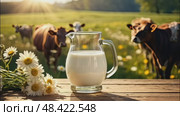 Fresh rustic cow's milk in a jug on a table against the background of a meadow where cows graze. AI generated. Стоковое AI-видео, аниматор Ольга Симонова / Фотобанк Лори