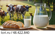 Fresh rustic cow's milk in a jug and white fragrant bread and pastries on a table against the background of a meadow where cows graze. AI generated. Стоковое AI-видео, аниматор Ольга Симонова / Фотобанк Лори
