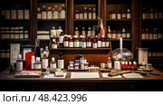 bottles pharmacist table ai generated. Стоковое AI-изображение, AI-художник Vectorwin / Фотобанк Лори