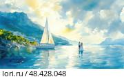 A couple strolls together on the shore, with a sailboat drifting in calm waters beneath a vibrant sky at sunset, creating a romantic atmosphere. Стоковое AI-изображение, AI-художник Данила Большаков / Фотобанк Лори