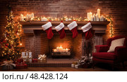 mantel red and white christmas background ai generated. Стоковое AI-изображение, AI-художник Vectorwin / Фотобанк Лори