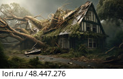 fallen storm damage house ai generated. Стоковое AI-изображение, AI-художник Vectorwin / Фотобанк Лори
