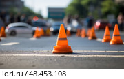 traffic small orange cones ai generated. Стоковое AI-изображение, AI-художник Vectorwin / Фотобанк Лори